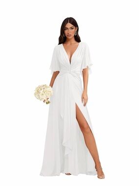 Wedding V Neck Flutter Sleeve Lace Up Back Bridal White Ruched Dress SZ 4 New